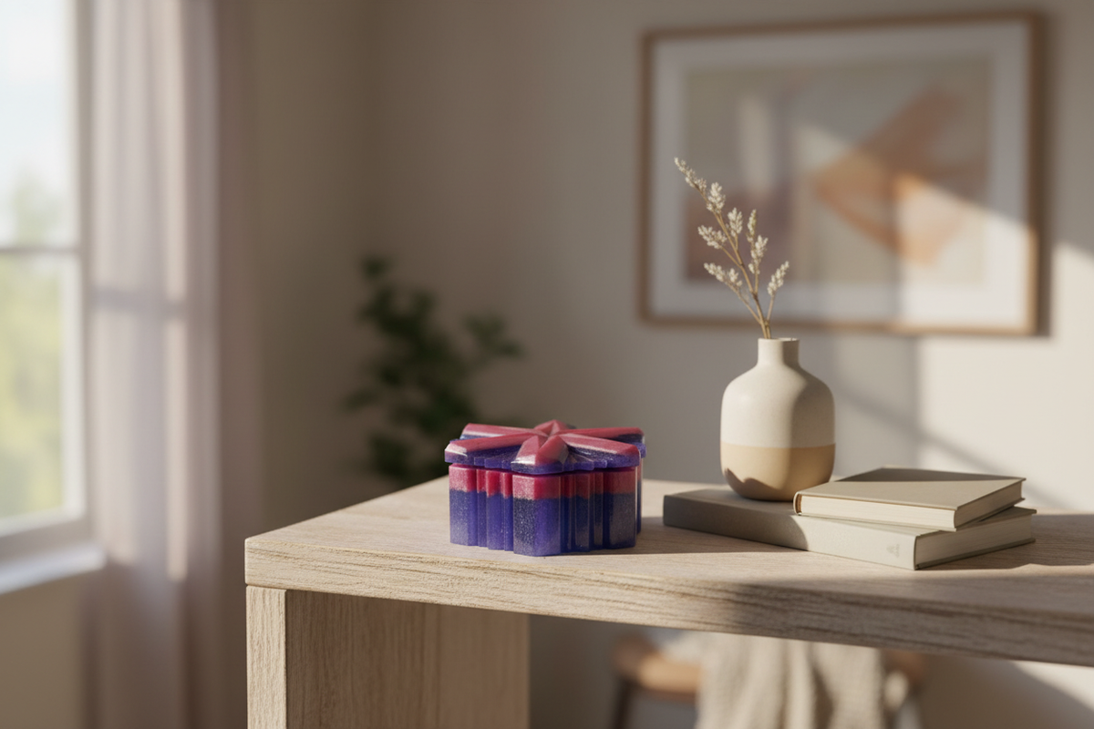 Pink and purple snowflake hexagon resin jewelry box displayed on a light wood shelf in a cozy lifestyle setting