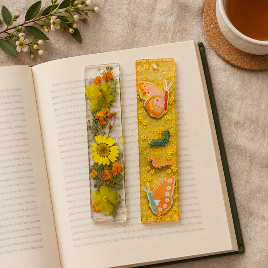 Overhead flat-lay of botanical bookmarks on an open book in a cozy reading setting