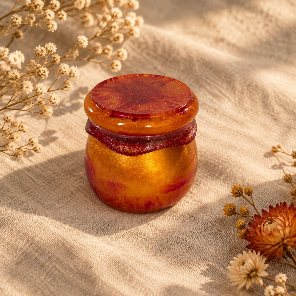 Rusted orange resin pudding trinket jar with fitted lid shown flat on linen with dried flowers
