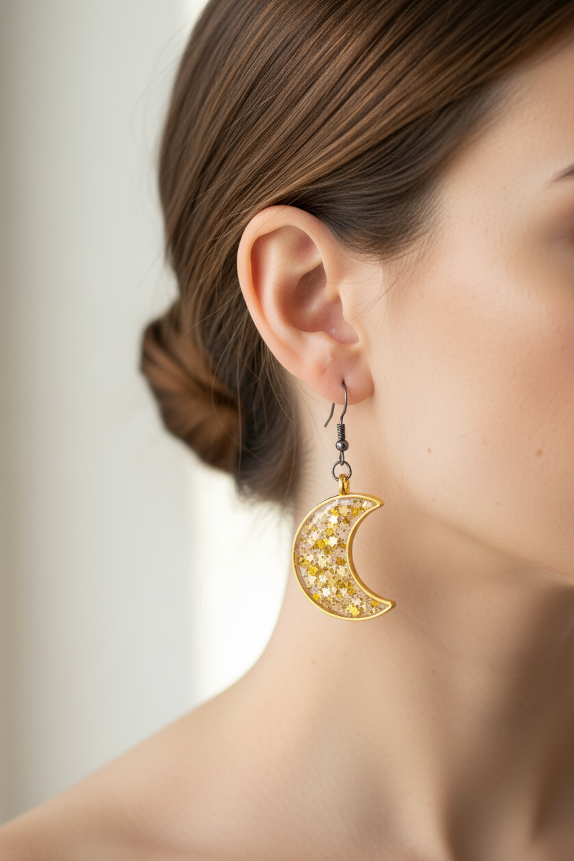Close-up lifestyle photo of handmade gold crescent moon resin dangle earrings with chunky glitter and star confetti worn on ear, catching light against soft neutral background