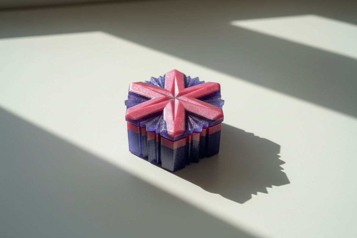 Pink and purple snowflake hexagon resin jewelry box centered on a light neutral surface in a flat-lay product photo