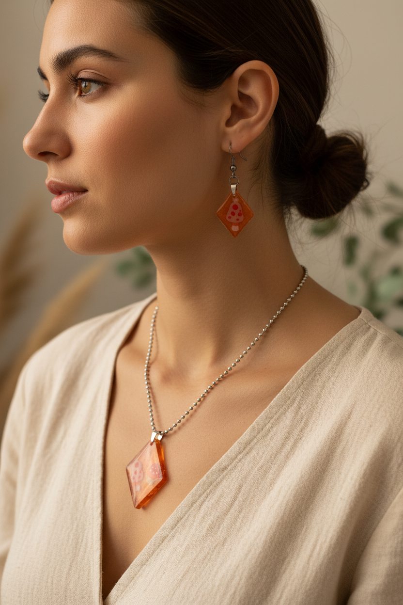 Lifestyle photo of woman wearing handmade rustic orange amber resin diamond jewelry set — geometric diamond pendant necklace on silver ball chain at collarbone and matching dangle earrings with embedded red and white spotted toadstool mushroom charms in warm natural light