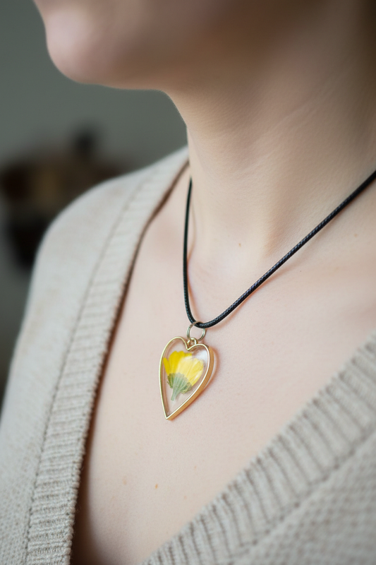 Pressed yellow buttercup heart pendant necklace with gold frame and black cord being worn