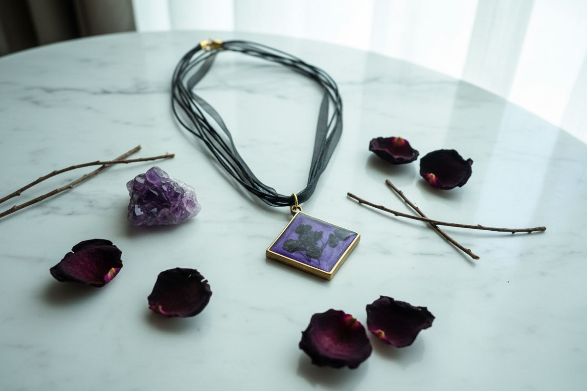 Handmade purple mica epoxy resin diamond pendant necklace with pressed black gypsophila baby's breath flowers in gold-tone frame on black organza ribbon, draped on light marble surface with amethyst crystal and dried dark flowers in bright natural light