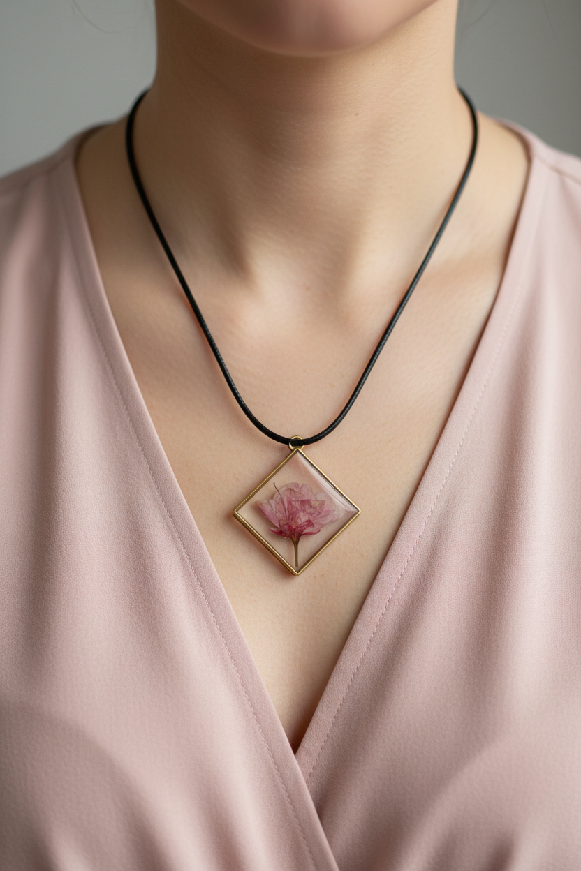 Woman wearing handmade clear epoxy resin square diamond bezel pendant necklace with pressed pink rosebud in gold open frame on black wax cord, resting against collarbone over blush pink top in soft diffused natural light with no glare on pendant