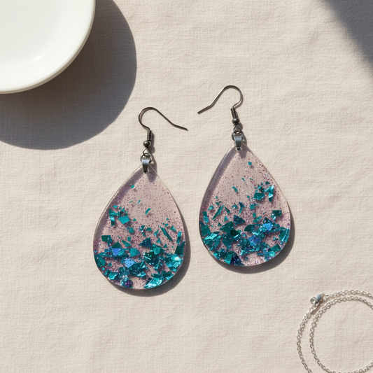 Flat-lay lifestyle photo of pink, purple, and blue confetti teardrop resin dangle earrings