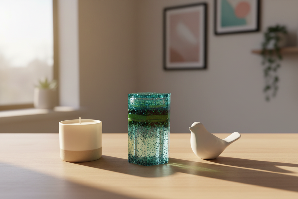 Teal, blue and green glitter hexagonal stash jar displayed on a table next to a candle and figurine