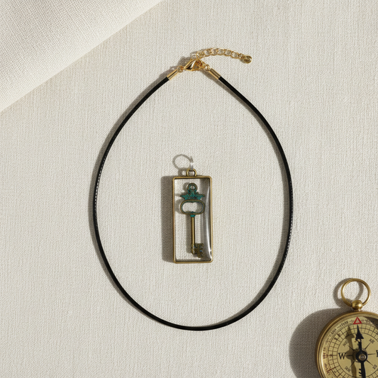 Flat-lay of a handmade rectangular resin pendant with an ornate gold-tone skeleton key and green enamel detail on an 18 in. black cord with gold clasp, composited from the original product photo and styled on cream linen with a vintage-style compass