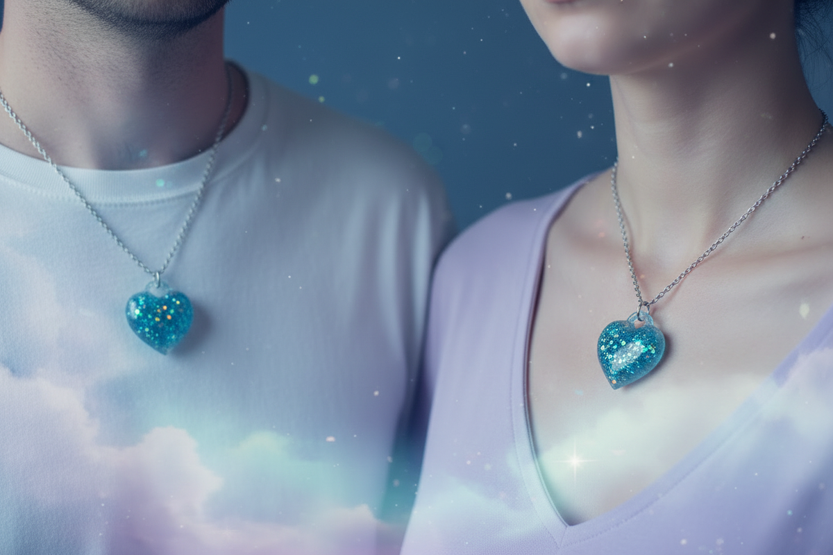 Man and woman both wearing matching handmade 3D puffy heart resin pendant necklaces with blue tinsel glitter and iridescent aqua green sequins on silver-tone chains, pendants resting side by side against their chests in soft ethereal cool-toned dreamy lighting