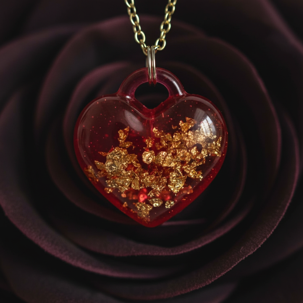 Close-up macro photo of crimson heart resin pendant showing rich red depth and gold foil flake detail