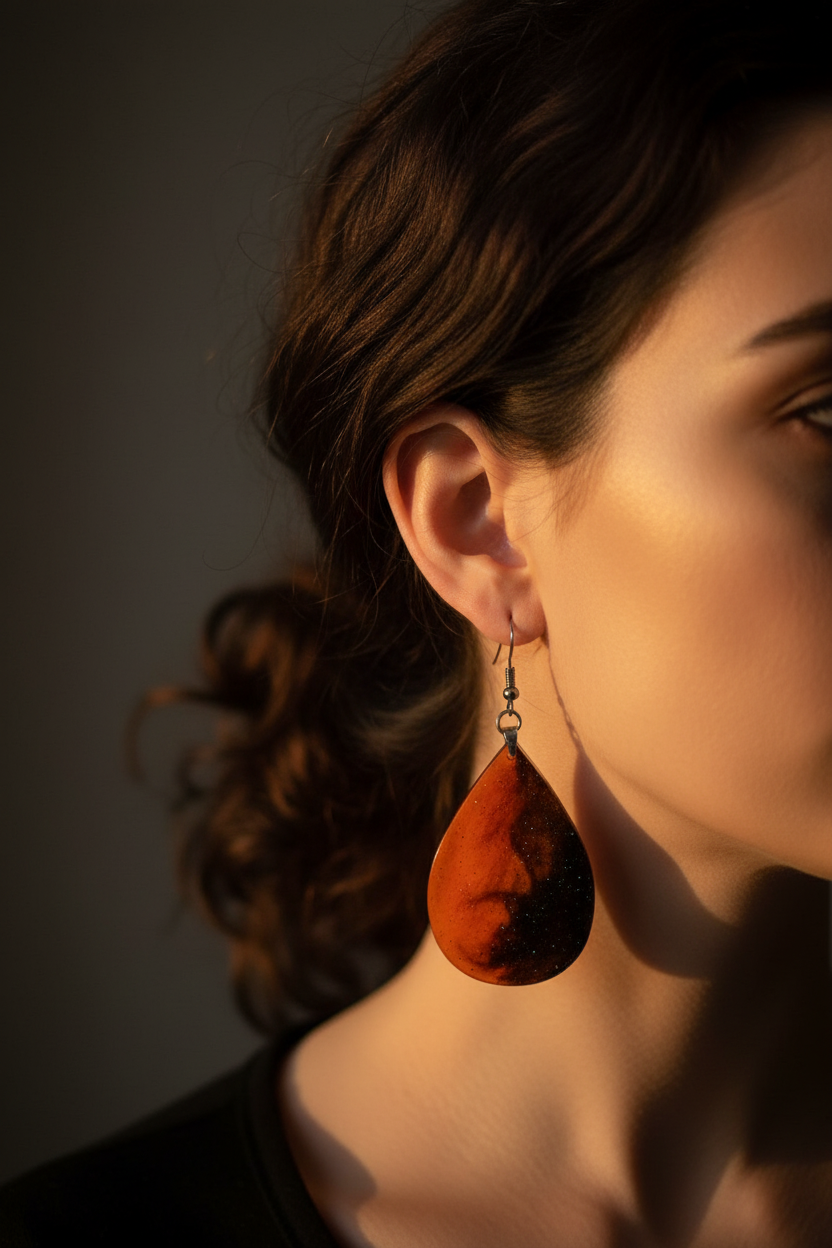 Close-up lifestyle photo of handmade Halloween orange and black teardrop resin dangle earrings worn on ear with dark hair swept back, moody warm orange lighting highlighting the translucent resin