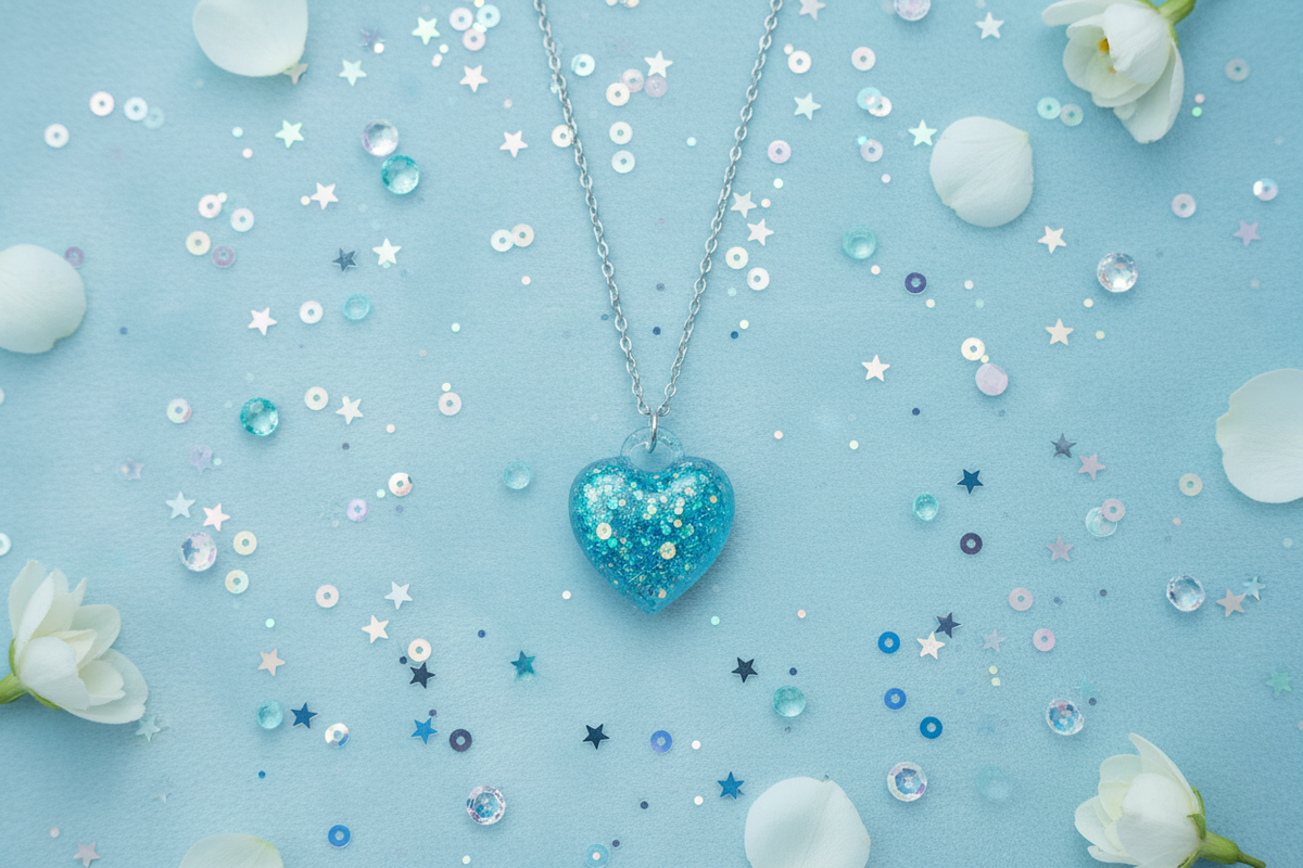 Handmade 3D puffy heart resin pendant necklace with blue tinsel glitter and iridescent aqua green hexagonal sequins on silver-tone chain, arranged in flat lay on soft white velvet surface with scattered iridescent sequins, star confetti, crystals, and white flower petals in ethereal cool lighting