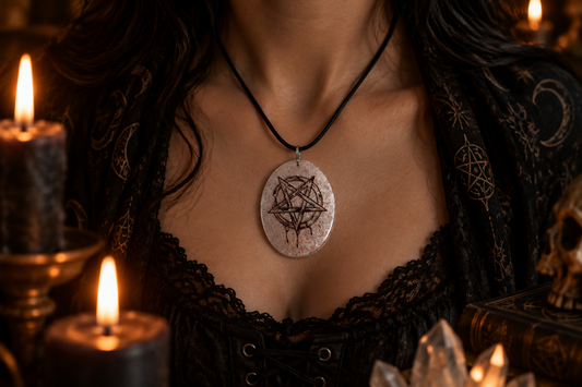 Witchy pentagram oval pendant necklace being worn in a mystical candlelit setting