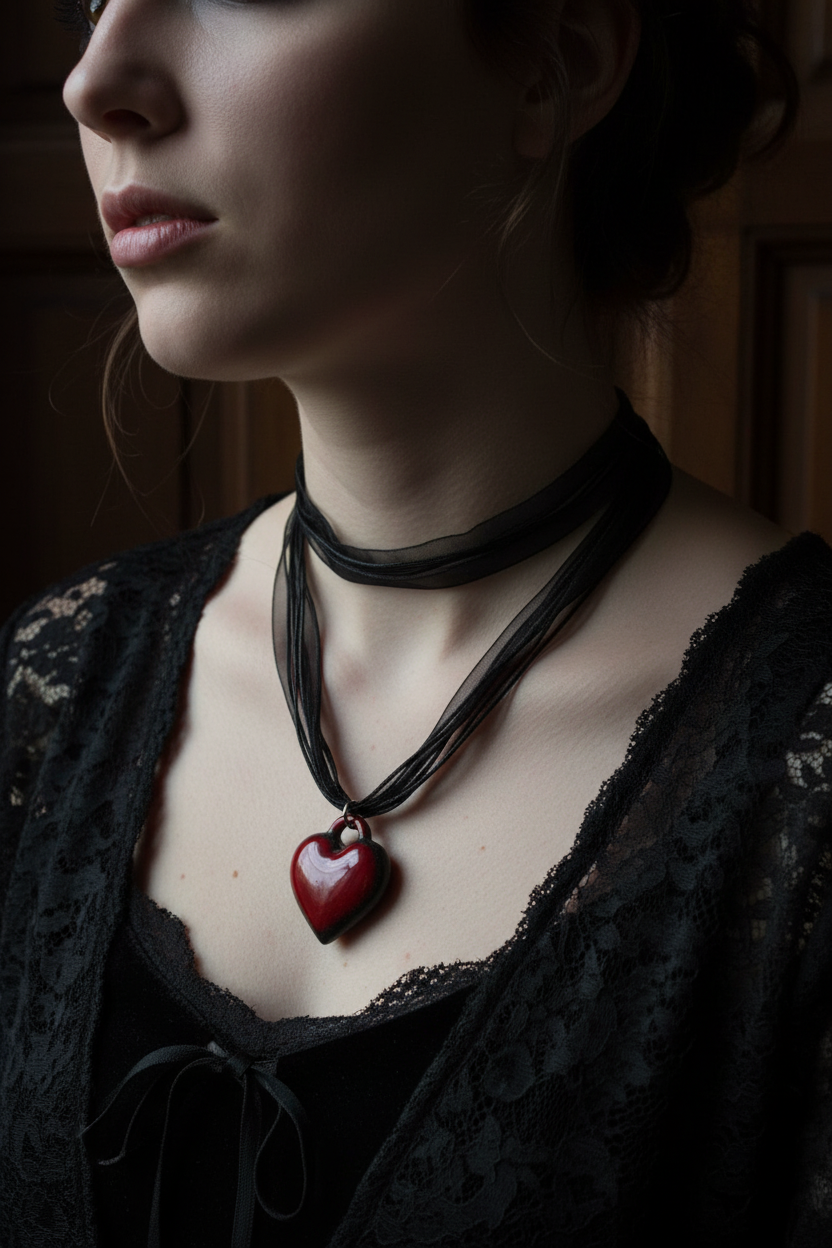 Lifestyle photo of whimsigoth puffy heart resin ribbon necklace worn at collarbone with moody dark romance atmosphere