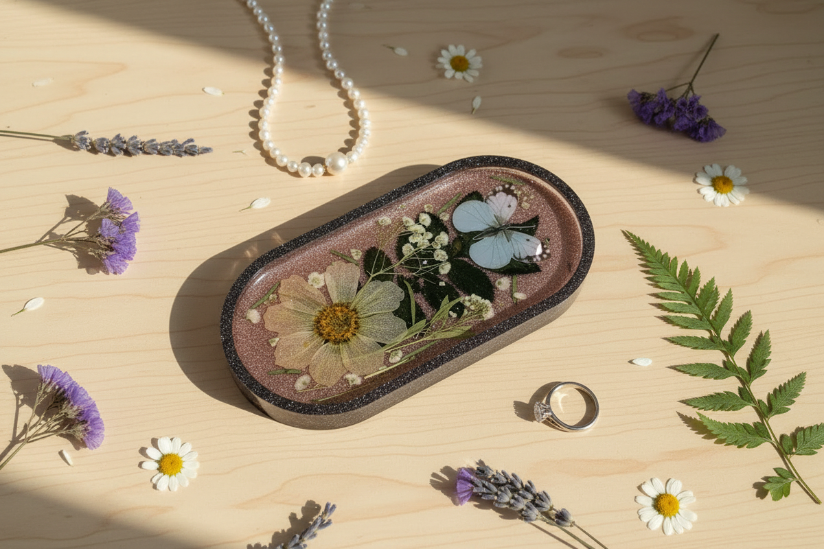 Handmade oval resin trinket tray with dark glitter border and soft pink resin interior embedded with a blue butterfly, pressed white daisy, baby's breath, and green botanical sprigs, styled on a light wood vanity surface with lavender sprigs, tiny white daisies, a fern frond, and a delicate pearl necklace nearby
