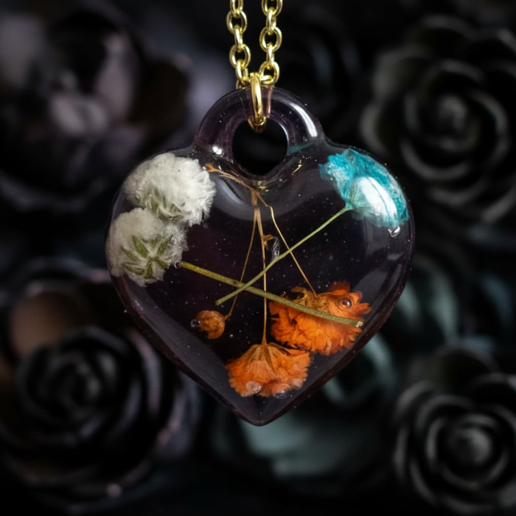 Close-up macro photo of dark floral heart resin pendant showing white Baby's Breath, orange and teal Glixia flowers and gold geometric star detail