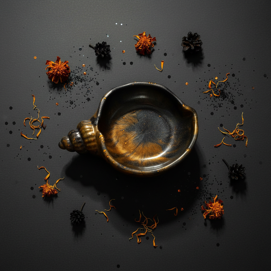 Moody Halloween lifestyle flat lay of handmade black and amber-orange resin conch seashell trinket bowl on dark charcoal surface surrounded by orange marigold petals and Halloween botanicals