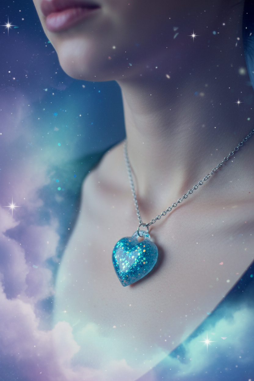 Close-up lifestyle photo of blue and green glitter heart resin pendant necklace worn at collarbone