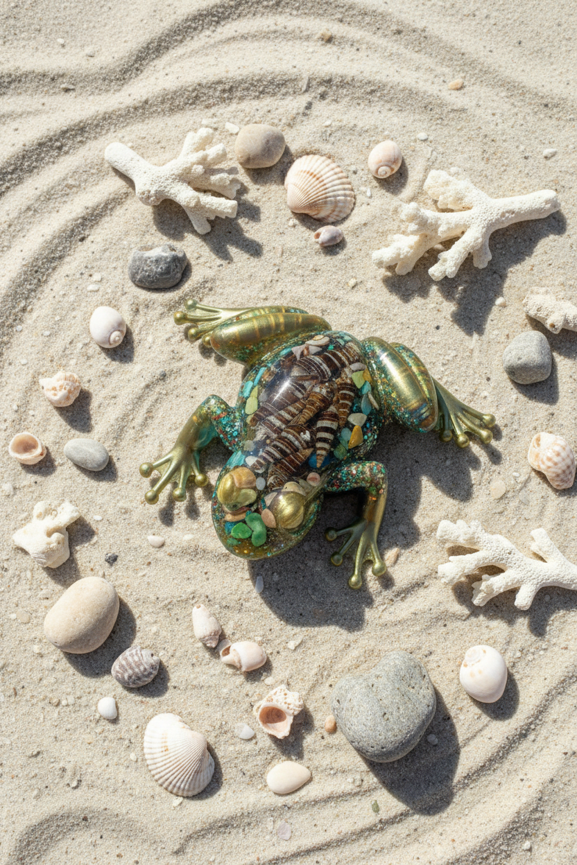 Lifestyle photo of gold-green resin frog figurine with seashells and teal glitter on a sandy coastal surface surrounded by seashells