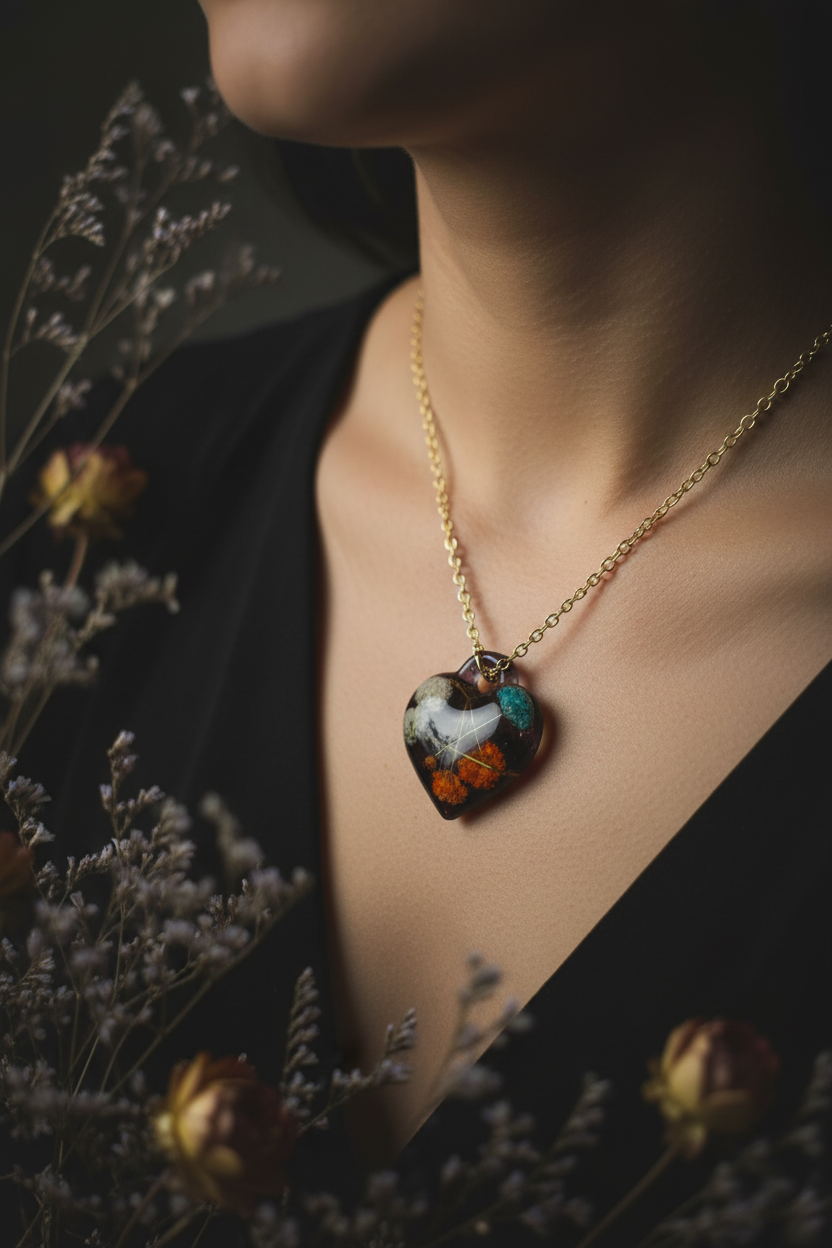 Lifestyle photo of dark floral heart resin pendant necklace worn at collarbone with moody gothic botanical background