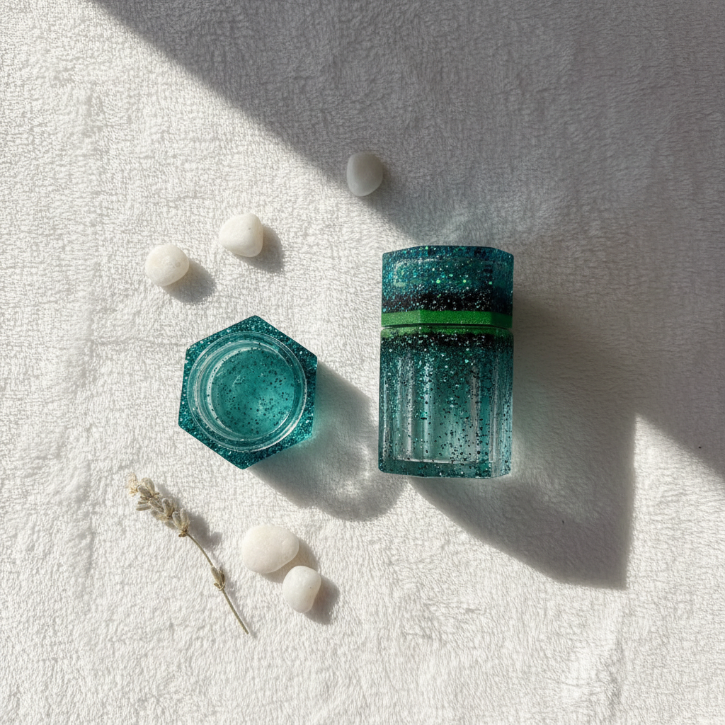 Teal, blue and green glitter hexagonal stash jar with lid off shown flat on white linen
