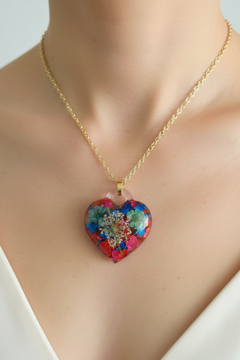 Close-up lifestyle photo of botanical heart resin pendant with wildflowers and confetti worn at collarbone