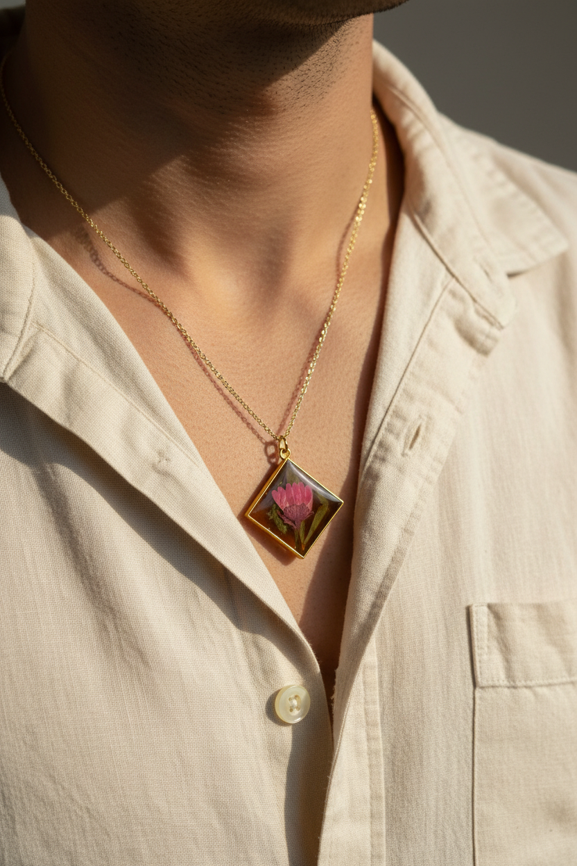 Man wearing handmade pink globe amaranth dried flower resin diamond pendant necklace in gold frame on gold chain, resting against chest over white linen shirt in soft diffused natural light