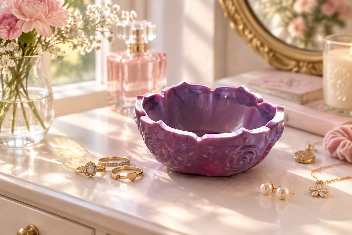 Soft pink and purple resin lotus petal trinket bowl on a sunlit vanity with peonies, perfume, and jewelry