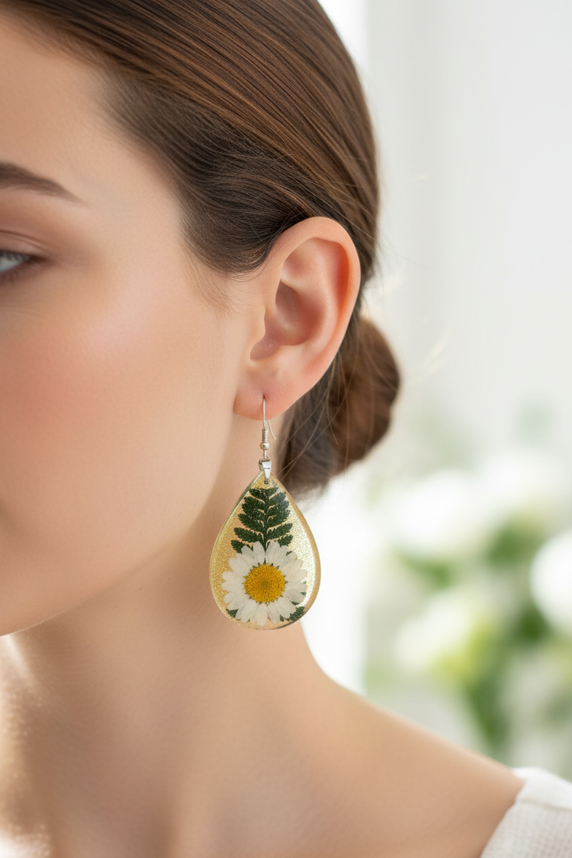 Close-up lifestyle photo of handmade teardrop resin earrings with pressed white daisies and fern fronds in golden glitter resin worn on ear in soft natural light