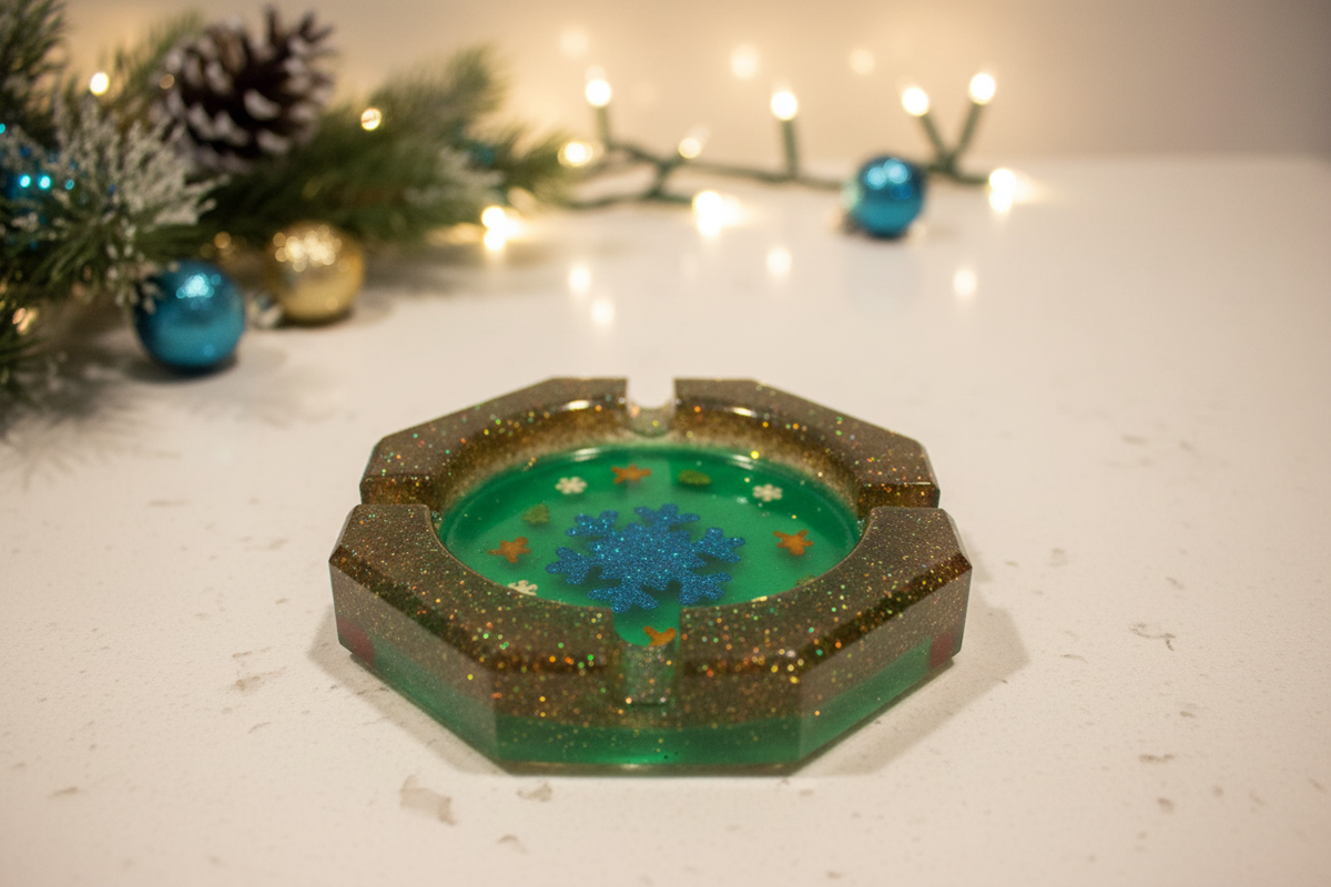 Handmade bright green translucent octagonal resin ashtray with a metallic blue glitter snowflake, gold glitter rim, and Christmas sprinkle embeds displayed on a festive countertop