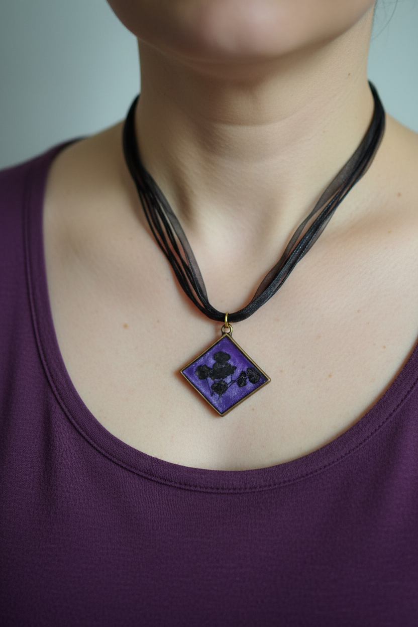 Woman wearing handmade purple mica epoxy resin diamond pendant necklace with pressed black gypsophila flowers in gold-tone frame on black organza ribbon, resting against collarbone over dark top in soft diffused natural light with no glare on pendant
