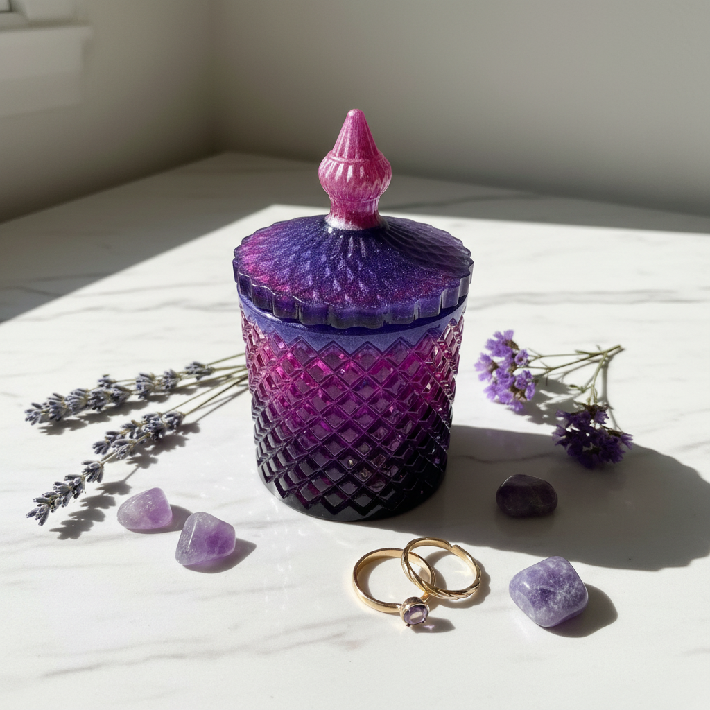 Lifestyle flat lay of handmade purple and pink diamond-faceted resin decor jar with finial lid on white marble, styled with amethyst crystals, dried lavender, and gold jewelry pieces