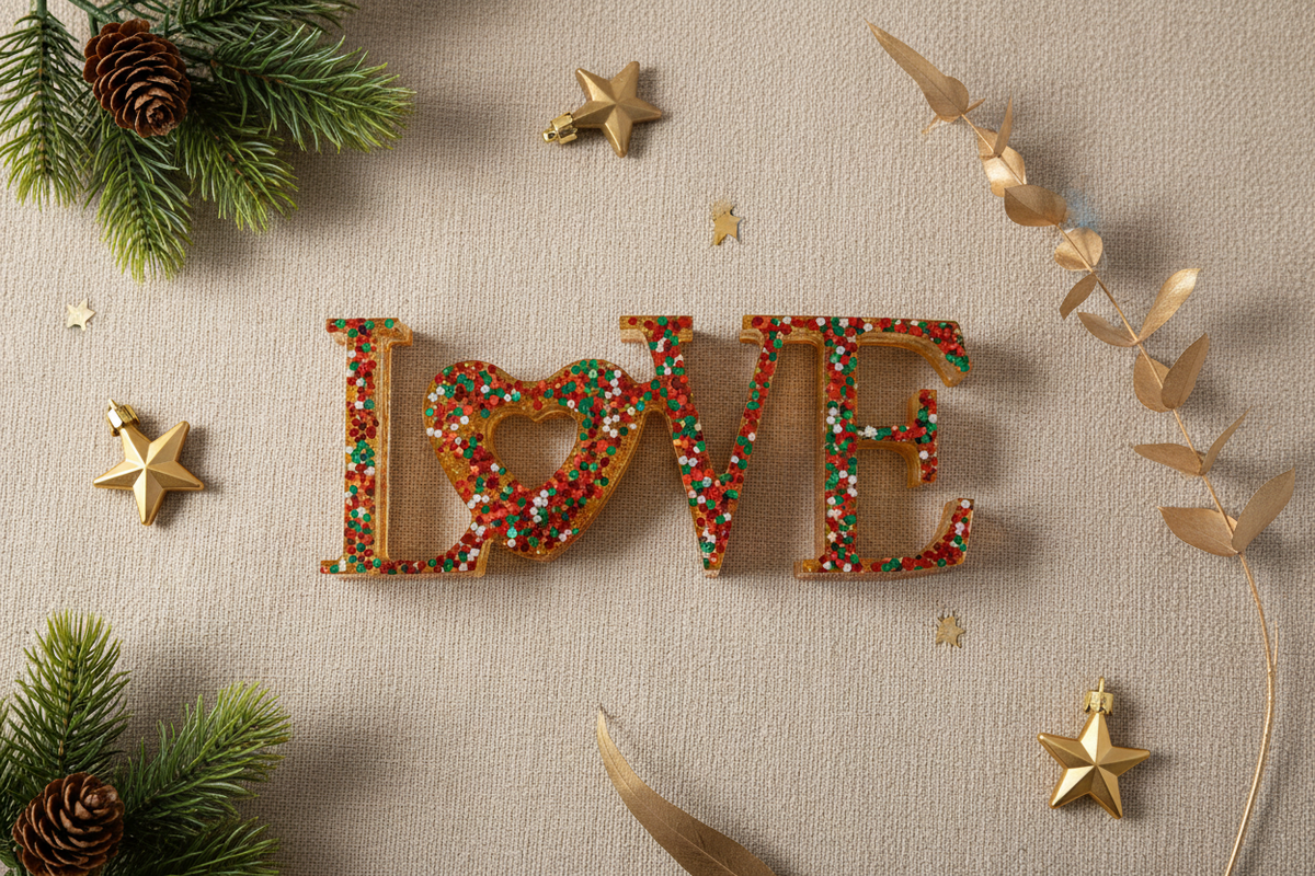 Christmas-themed love decor piece styled in a festive flat lay with red, green, white, and gold accents