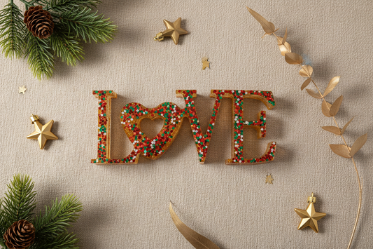 Christmas-themed love decor piece styled in a festive flat lay with red, green, white, and gold accents