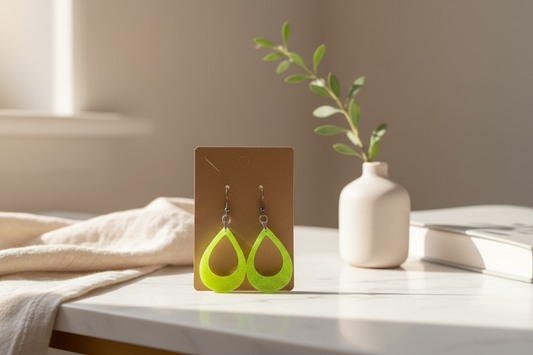 Lifestyle photo of handmade neon yellow glitter open-center teardrop resin dangle earrings on their kraft display card, staged on a bright tabletop with a small vase, book, and soft fabric in warm morning light