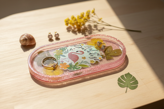 Small oval resin trinket tray with pink glitter border and clear resin interior featuring a flamingo tropical sticker with pressed yellow pansies and green leaves, styled on a light wood vanity surface with a gold ring, stud earrings, seashell, dried yellow flowers, and a tiny tropical leaf in warm feminine light
