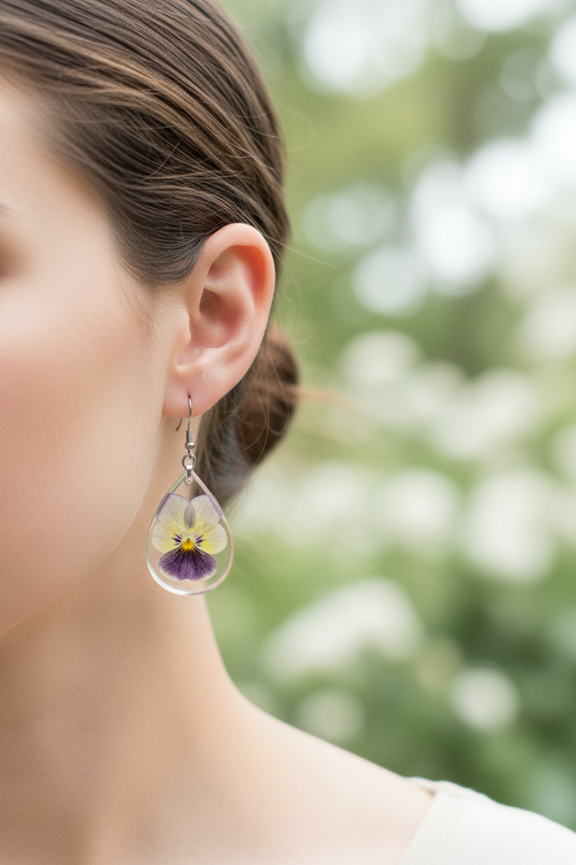 Close-up lifestyle photo of handmade crystal clear teardrop resin earrings with pressed viola flowers worn on ear in soft natural light showing yellow and purple flower detail through transparent resin