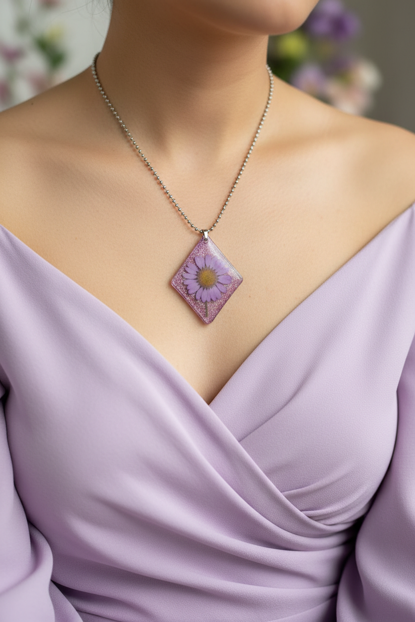 Woman wearing handmade pink glitter epoxy resin diamond pendant necklace with pressed purple daisy in silver ball chain, resting against collarbone over lavender top in soft diffused natural light with no glare on pendant