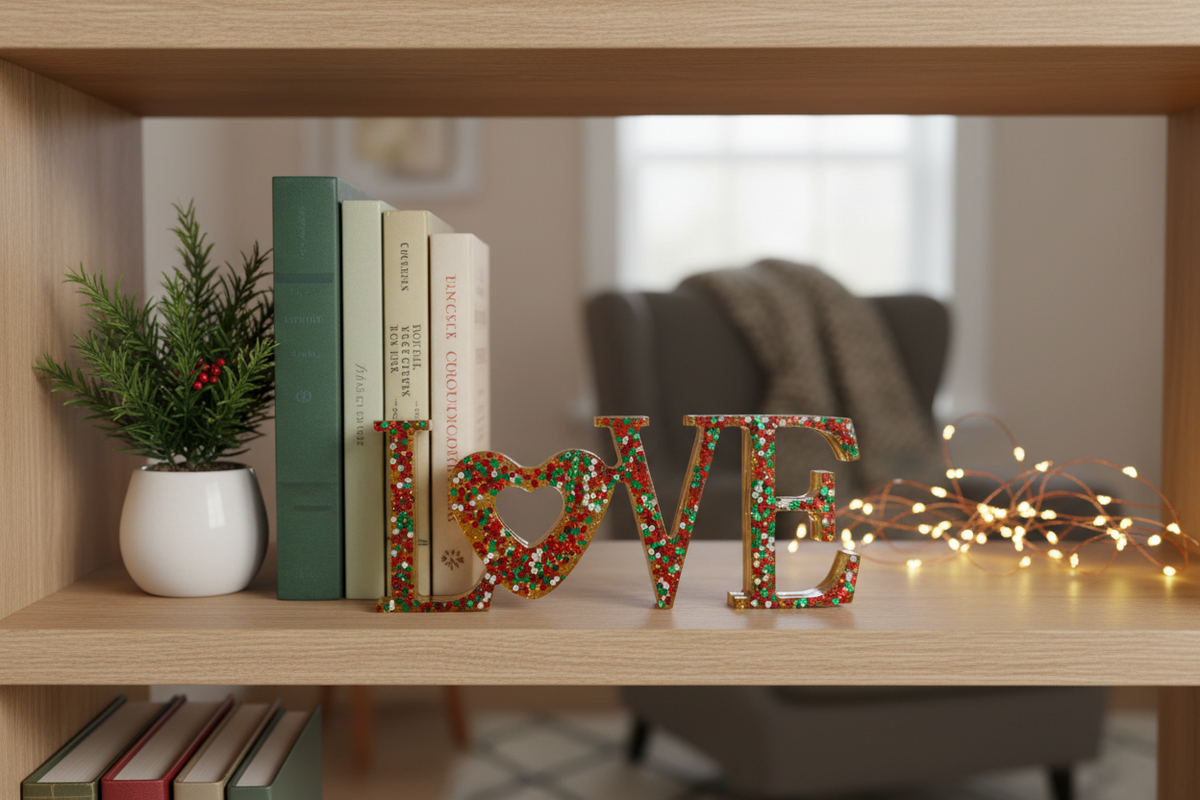 Christmas-themed love decor piece displayed on a styled shelf with red, green, white, and gold accents