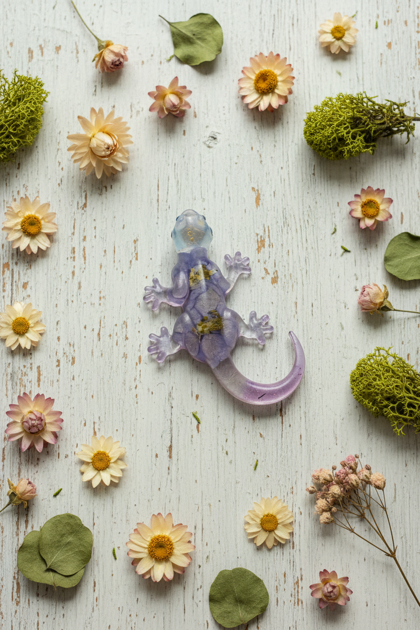 Angled lifestyle shot of translucent lavender-blue resin gecko figurine with golden dried flower inclusions surrounded by botanicals on wooden surface