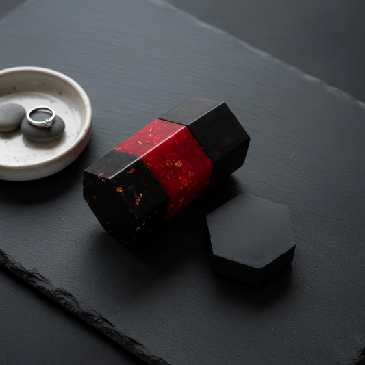 Black, red and gold tri-band hexagonal stash jar with lid off on dark slate