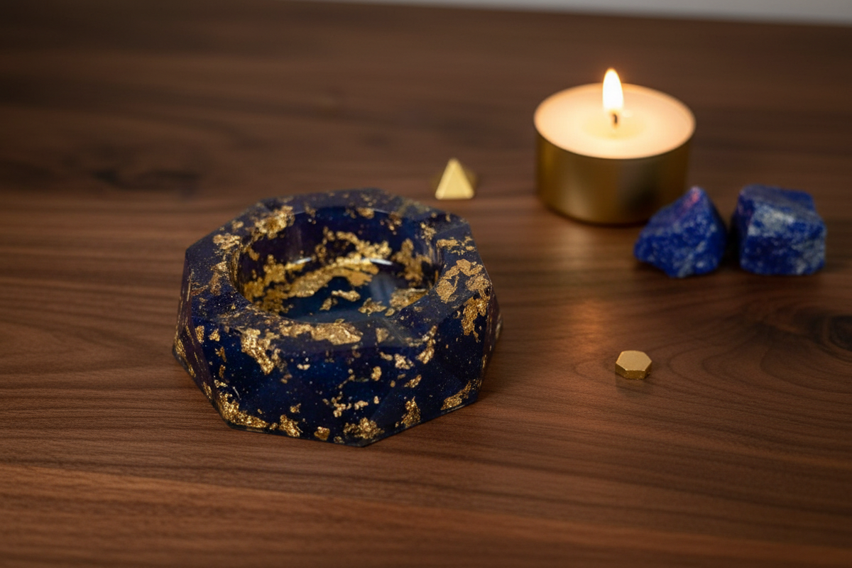 Handmade deep navy blue and gold foil octagonal epoxy resin ashtray styled on dark walnut wood surface with lit candle, dark blue crystals, and gold accents in warm ambient light