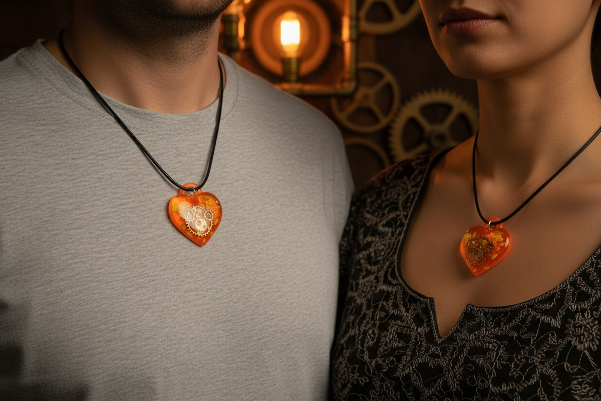 Man and woman both wearing matching handmade orange epoxy resin heart pendant necklaces with gold steampunk clock gears on black wax cords, resting against their chests side by side in warm moody atmospheric lighting, showcasing unisex appeal