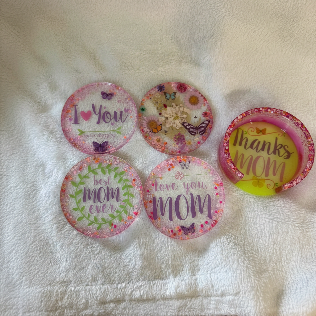 Top-down flat lay of the Love You Mom floral resin coaster set with its matching holder