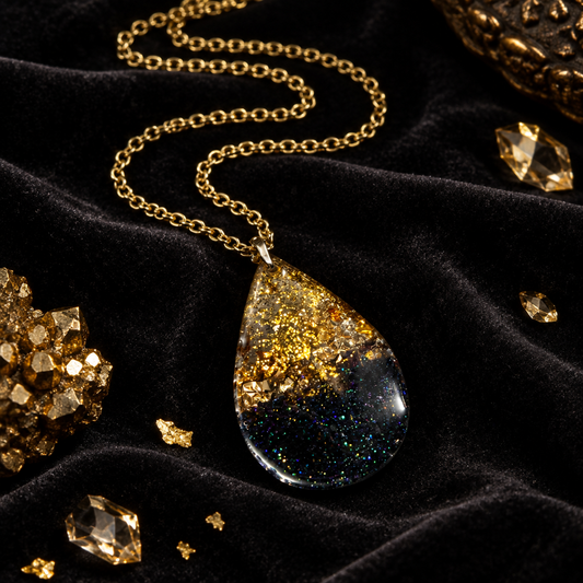 Black and gold color block teardrop pendant necklace on black velvet with gold crystals