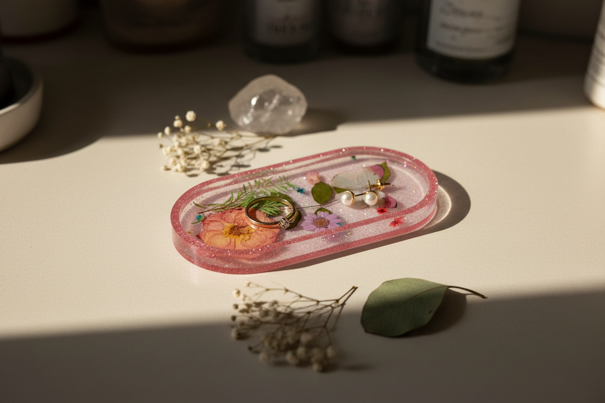Small oval resin trinket tray with pink glitter border and white glittery resin interior with a white butterfly, pressed peach and pink rose, green leaves, fern sprigs, and tiny teal and purple florals, styled on a cream vanity surface with gold ring, earrings, clear quartz crystal, baby's breath and eucalyptus leaf in warm natural light