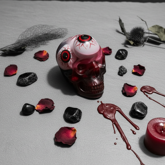 Moody lifestyle photo of handmade dark burgundy resin gothic skull with bloodshot eyeballs on light gray concrete surface, surrounded by dark red rose petals, obsidian stones, and red wax drips