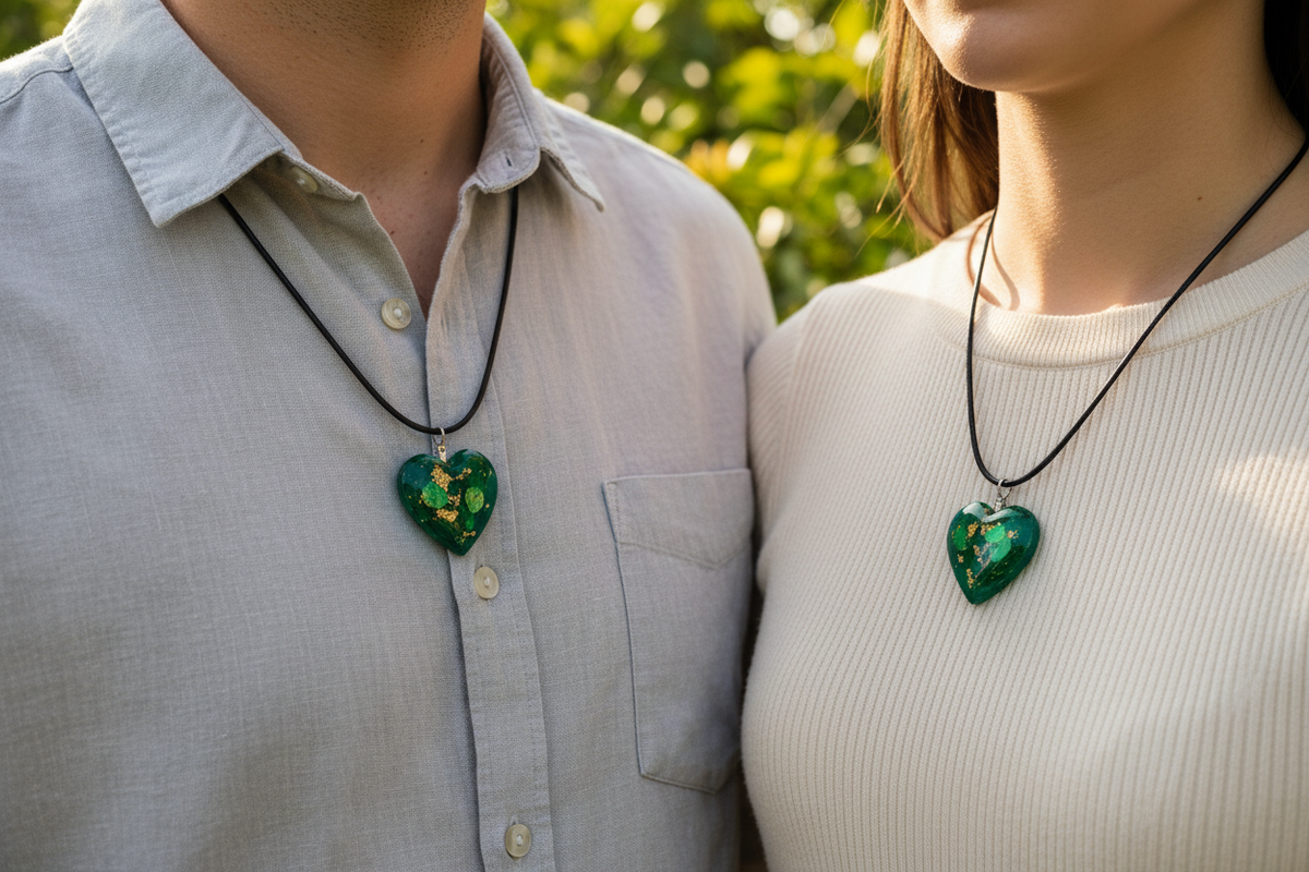 Man and woman both wearing matching handmade deep emerald green epoxy resin heart pendant necklaces with gold and green leaf confetti inclusions on black wax cords, pendants resting side by side against their chests, man in white linen shirt and woman in cream top with lush botanical foliage background