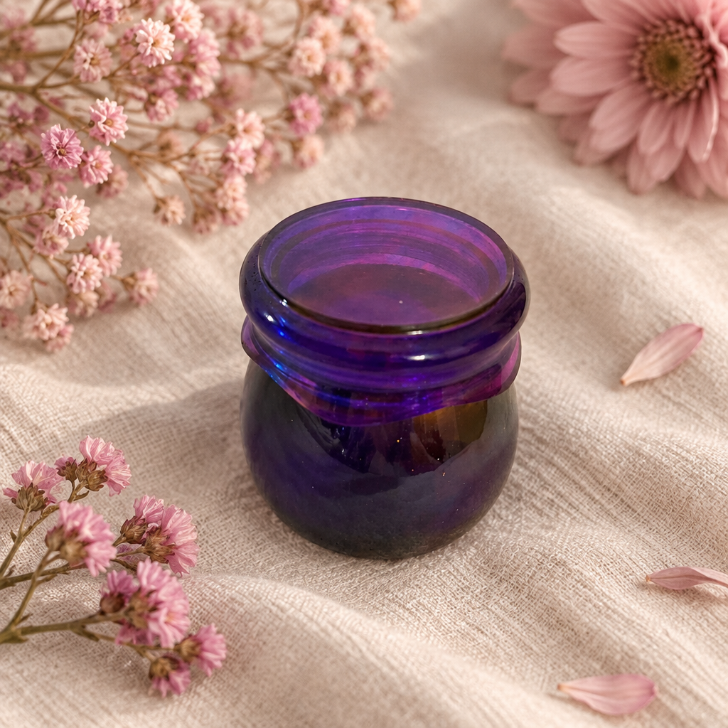 Purple and pink resin pudding trinket jar with closed fitted lid shown flat on linen with pink flowers