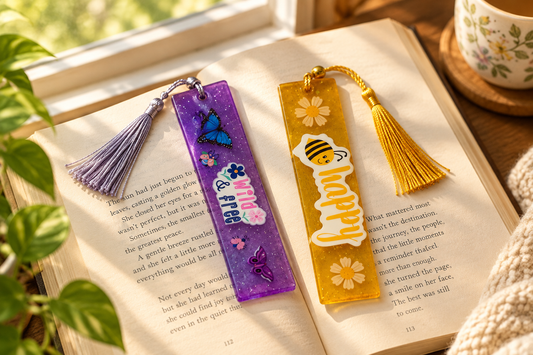 Two colorful resin bookmarks, one with a purple butterfly and flowers and one with a cheerful bee design, styled with an open book.